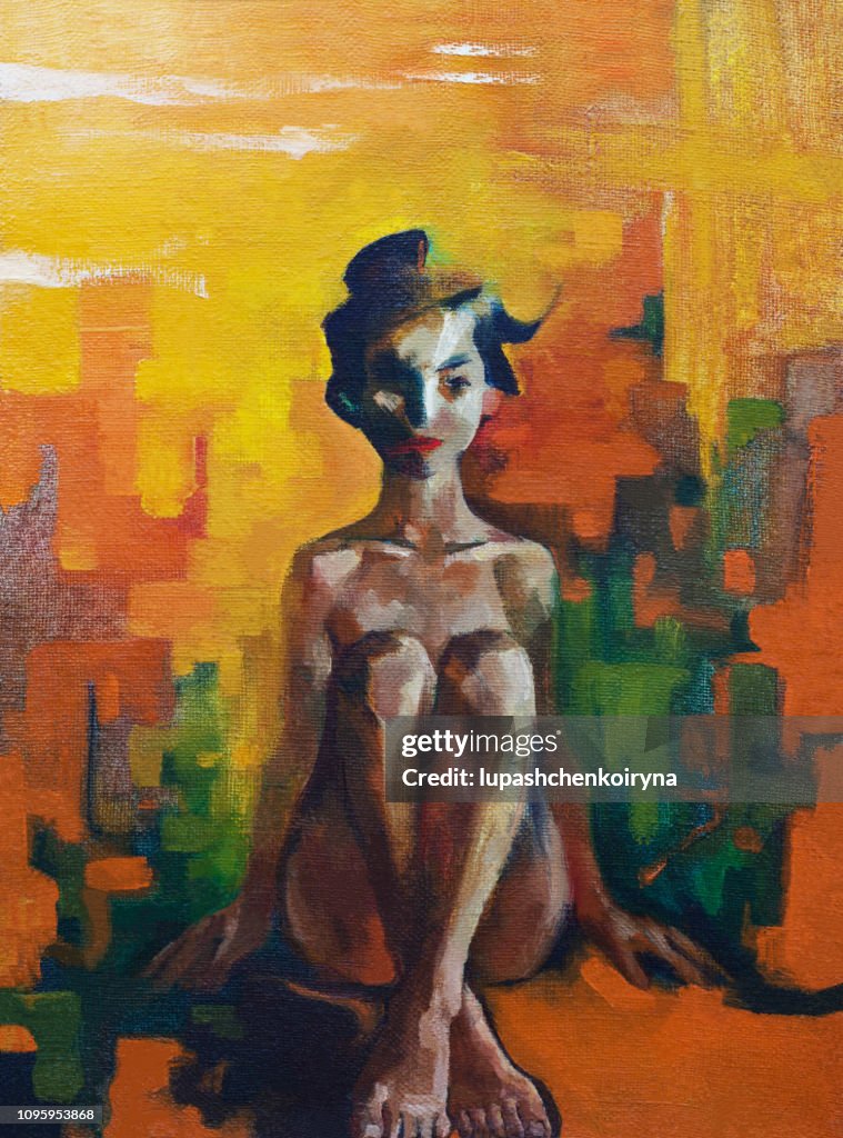 Modieuze illustratie moderne kunst werken mijn origineel olieverfschilderij op doek impressionisme verticale voorjaar zonnige decoratieve portret figuur van een vergadering tedere mooi meisje met lang haar en een oosterse stijl haar