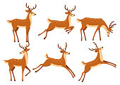 Brown deer icon set. Deer run and jump. Hoofed ruminant mammals. Cartoon animal design. Cute deer with antlers. Flat vector illustration isolated on white background