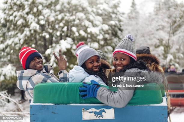 multi-ethnic group sleigh riding - winter sport friends stock pictures, royalty-free photos & images