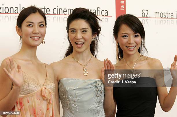 Kim So Yeun , Charlie Young and Zhang Jingchu during 2005 Venice Film Festival - "Seven Swords" Photocall at Casino Palace in Venice Lido, Italy.