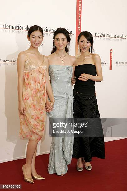 Kim So Yeun , Charlie Young and Zhang Jingchu during 2005 Venice Film Festival - "Seven Swords" Photocall at Casino Palace in Venice Lido, Italy.