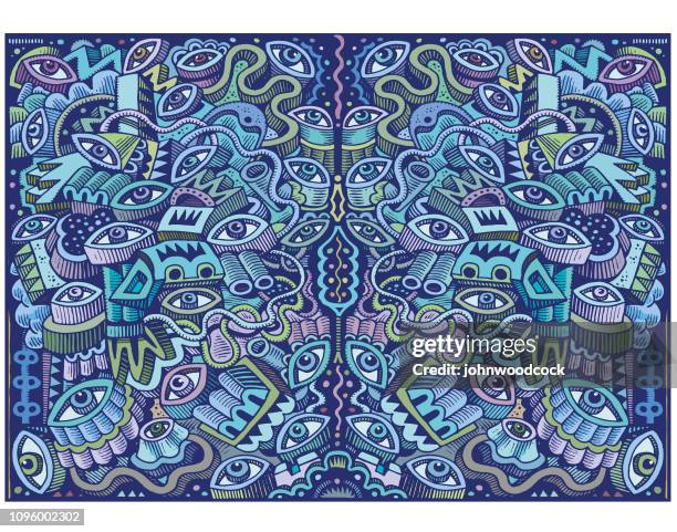 great big blue doodle illustration - psychedelic pattern stock illustrations