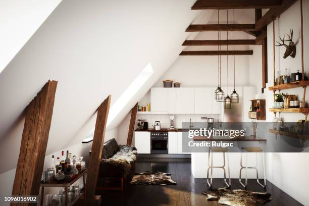 scandinavian home interior - dachgeschoß stock-fotos und bilder