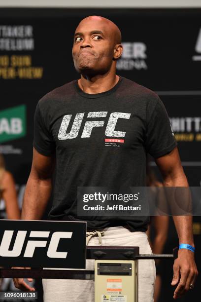 Anderson Silva of Brazil weighs in during the UFC 234 weigh-in at Rod Laver Arena on February 09, 2019 in the Melbourne Australia.