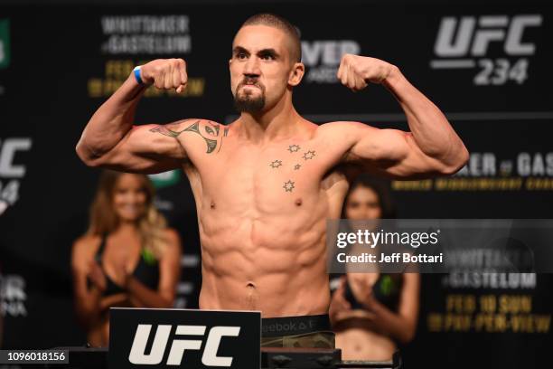 Robert Whittaker of Australia weighs in during the UFC 234 weigh-in at Rod Laver Arena on February 09, 2019 in the Melbourne Australia.