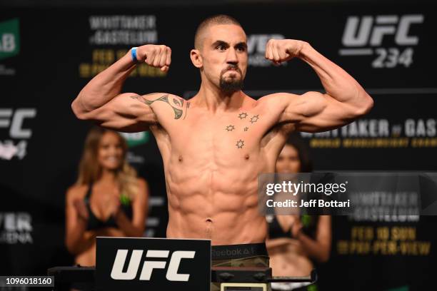 Robert Whittaker of Australia weighs in during the UFC 234 weigh-in at Rod Laver Arena on February 09, 2019 in the Melbourne Australia.