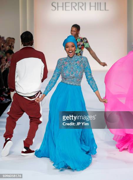 Halima Aden walks the runway for the Sherri Hill Show during New York Fashion Week February 2019 on February 8, 2019 in New York City.