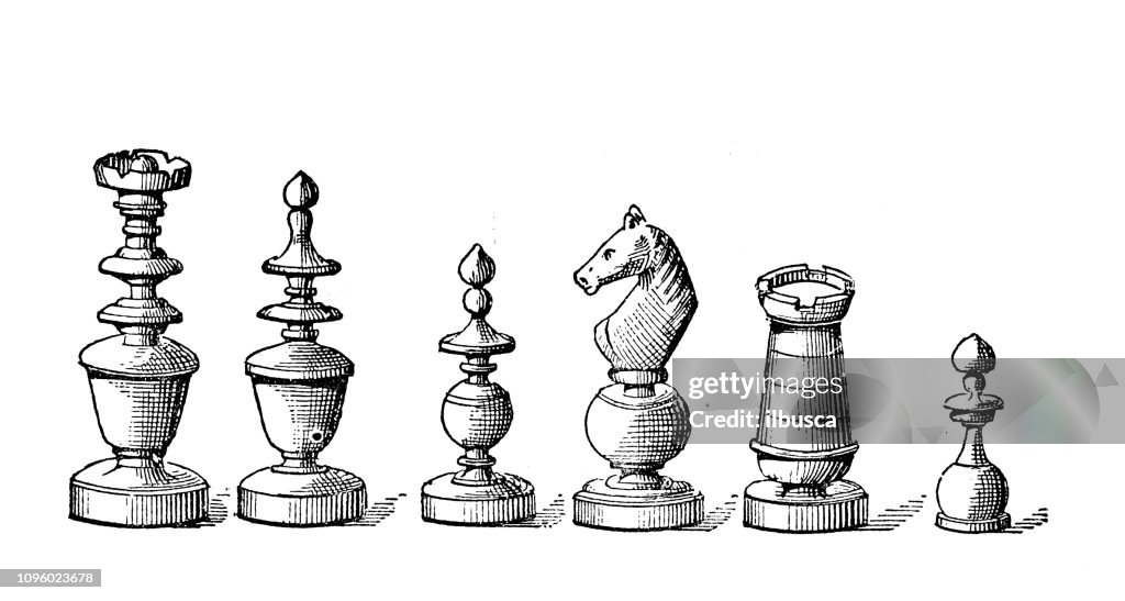 Antique Old French Engraving Illustration Chess Pieces High-Res