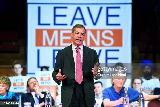 Former UKIP leader Nigel Farage speaks during the Brexit: Let's go WTO rally by the Leave Means Leave Brexit Campaig in Central Hall on January 17,...