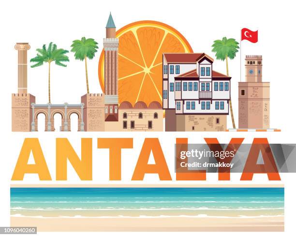 antalya travel and yivliminare mosque - temple of hadrian turkey stock illustrations