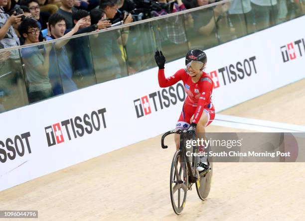 Hong Kong's Sarah Lee Wai-sze waves after the race at the Woman Sprint Final at the UCI Track World Cup Hong Kong at the Hong Kong Velodrome in...