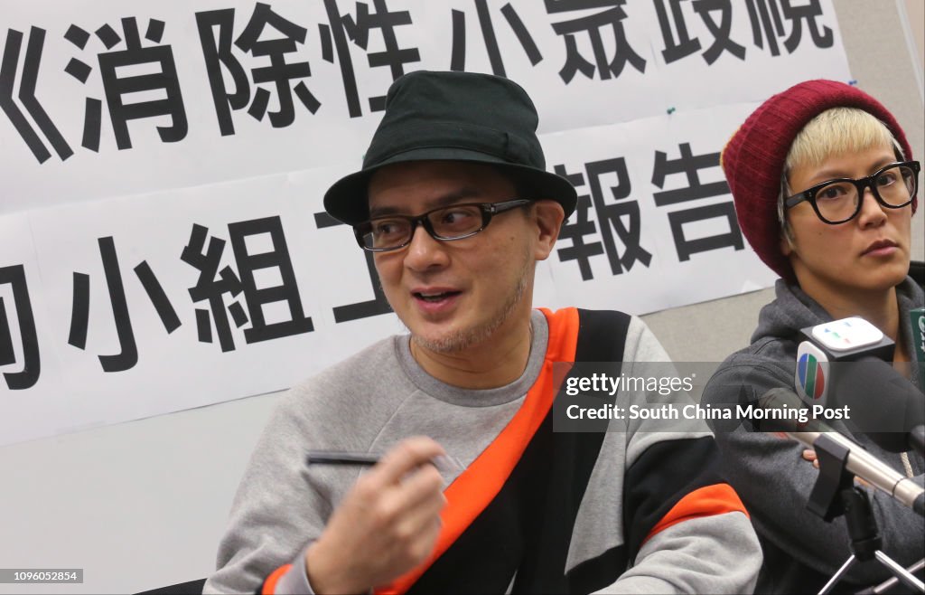 Singer Anthony Wong Yiu-Ming (Left) and Singer Denise Ho Wan-see (Right) and members of Homosexual rights concern group presser on a report recently submitted by the Advisory Group on Eliminating Discrimination against Sexual Minorities to the goverment a