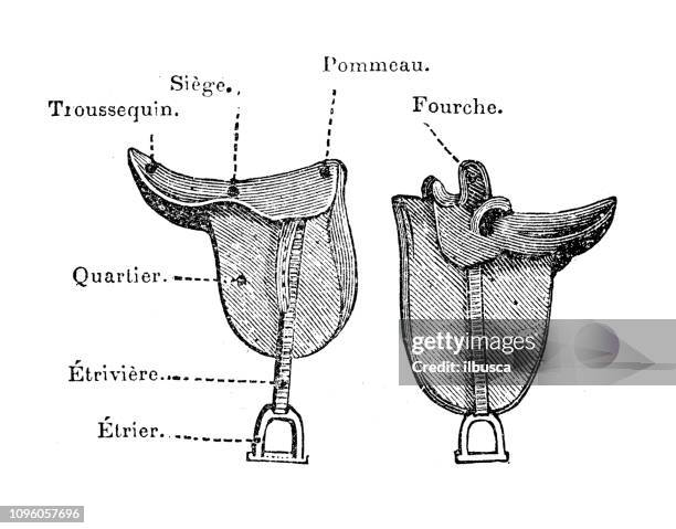 antike alte französische gravur abbildung: sattel - saddle stock-grafiken, -clipart, -cartoons und -symbole