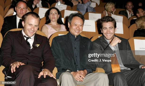 Heath Ledger, Ang Lee and Jake Gyllenhaal during 2005 Venice Film Festival - "Brokeback Mountain" Premiere - Inside at Palazzo del Cinema in Venice...