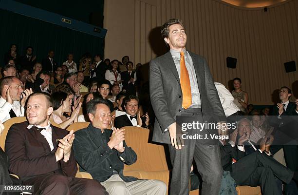 Heath Ledger, Ang Lee, Jake Gyllenhaal during 2005 Venice Film Festival - "Brokeback Mountain" Premiere - Inside at Palazzo del Cinema in Venice...