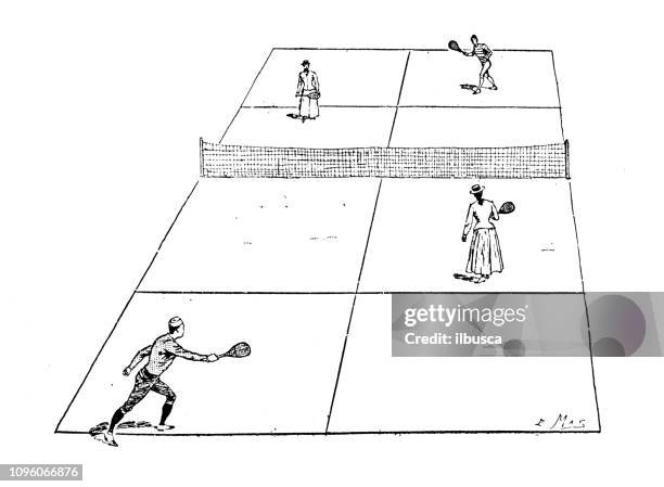 ilustrações de stock, clip art, desenhos animados e ícones de antique old french engraving illustration: tennis - rede de ténis