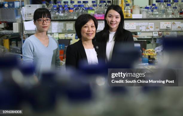 Iris Xu Ming-jing, PhD candidate; Irene Ng Oi-lin, chair professor; and Carmen Wong Chak-lui, assistant professor of department of pathology of Li Ka...