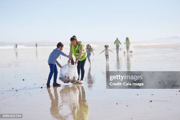 mother and son volunteers cleaning litter on sunny, wet sand beach - picking up garbage stock pictures, royalty-free photos & images