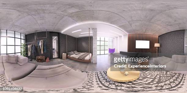 modern studio apartment 360 equirectangular panoramic interior - 360 stock pictures, royalty-free photos & images