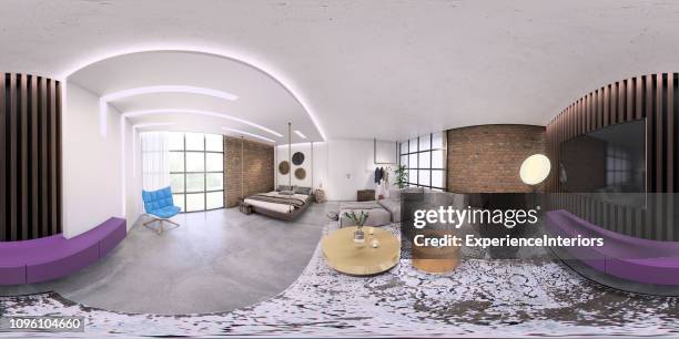 modernes studio apartment 360 equirectangular panorama innenraum - 360 stock-fotos und bilder
