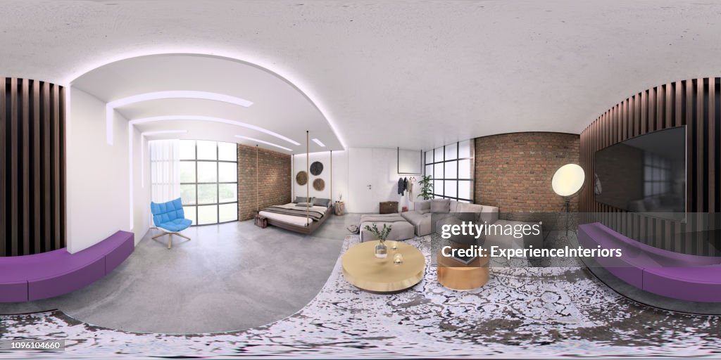 Modern studio apartment 360 equirectangular panoramic interior