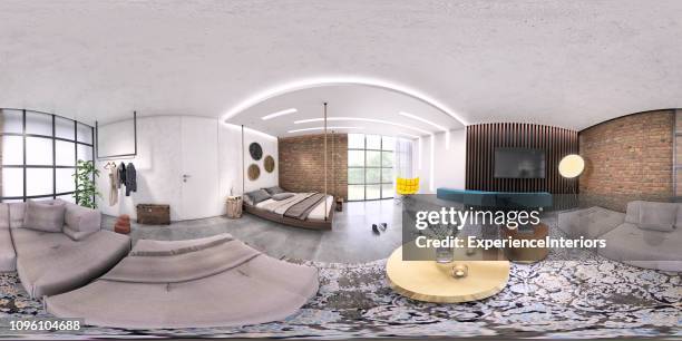 modernes studio apartment 360 equirectangular panorama innenraum - 360 vr stock-fotos und bilder