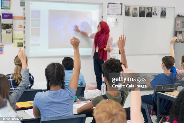 female teacher in hijab teaching lesson at projection screen in classroom - caiaimage stock-fotos und bilder