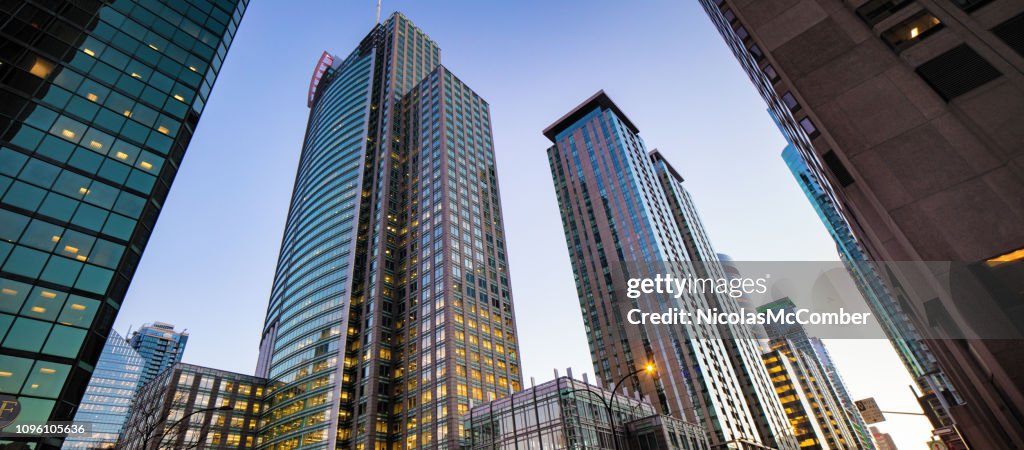 Downtown Montreal modern buildings low angle panoramic view