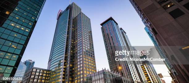 downtown montreal modern buildings low angle panoramic view - montréal stock pictures, royalty-free photos & images