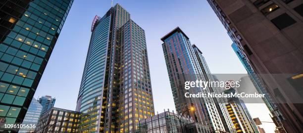 downtown montreal modern buildings low angle panoramic view - montreal building stock pictures, royalty-free photos & images