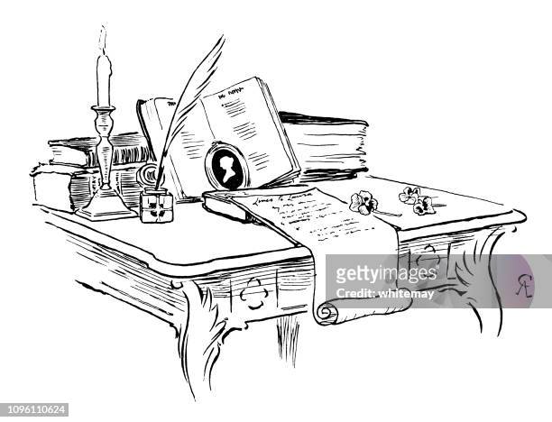 nineteenth century writing desk with quill pen, letter and books - ink well stock illustrations