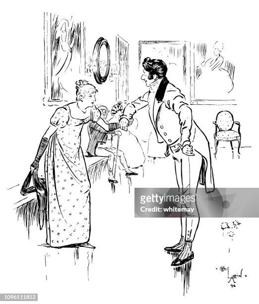 regency-ära mann fragt eine dame eine quadrille mit ihm zu tanzen - etiket stock-grafiken, -clipart, -cartoons und -symbole