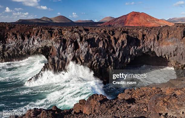 los hervideros caves viewpoint, lanzarote, canary islands, spain - lanzarote stock pictures, royalty-free photos & images