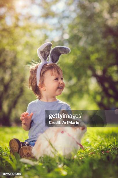 niedliche kleine junge spielt mit häschen auf ostereiersuche - osterhase stock-fotos und bilder