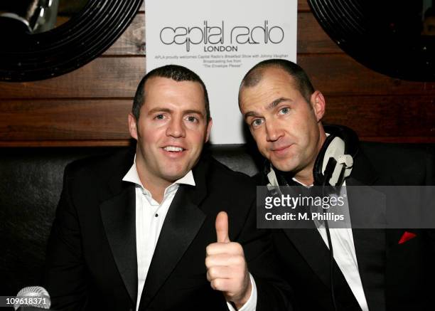 Welfh and Johnny Vaughan during Capital Radio Breakfast show at the Oscars at Oscar Alley in Los Angeles, United States.