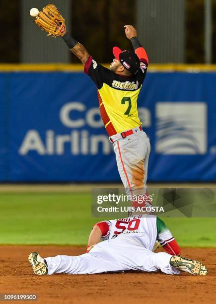 Agustin Murillo of Mexico's Charros de Jalisco , save the base against Alexis Amarista of Venezuela's Cardenales de Lara during the Caribbean Series...