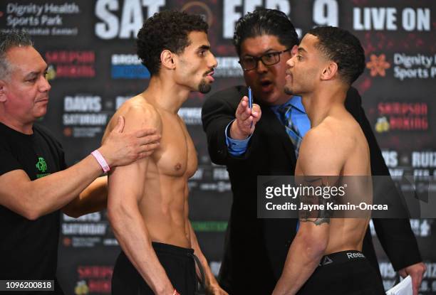 Maurice Lee faces off with Leonard Davis at the weigh-in, held at the The Westin Los Angeles Airport hotel, for their super. Lightweight fight , on...