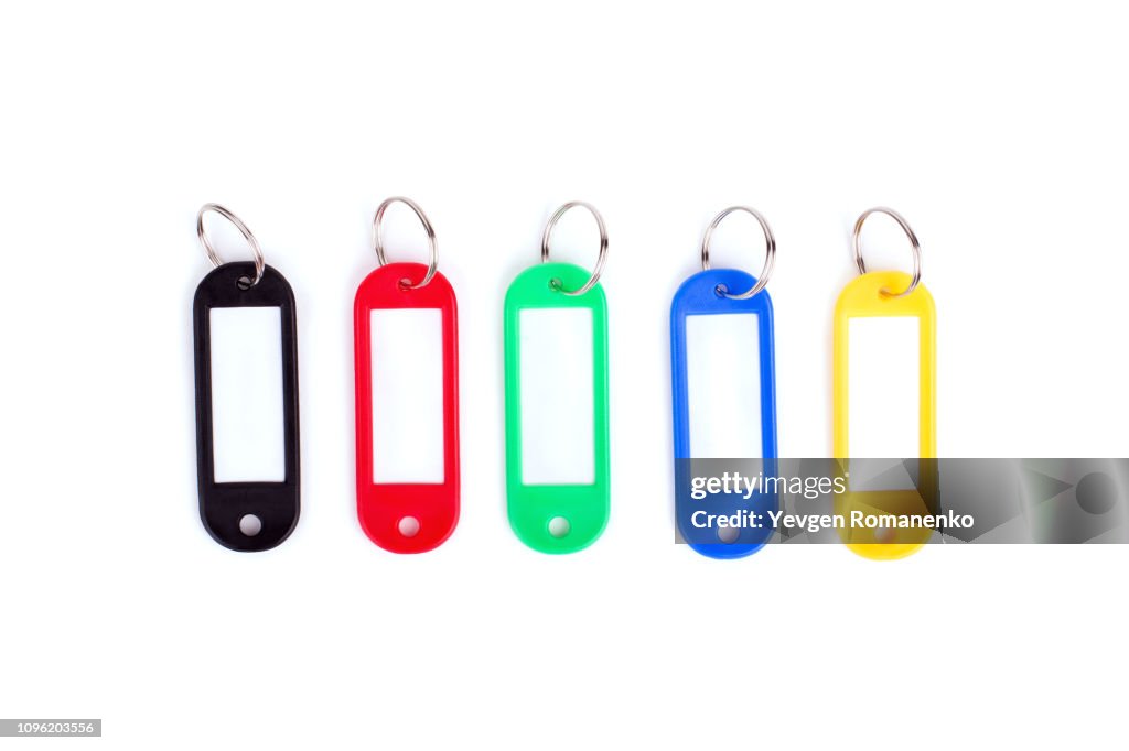 Colorful collection of a key fob on white background.