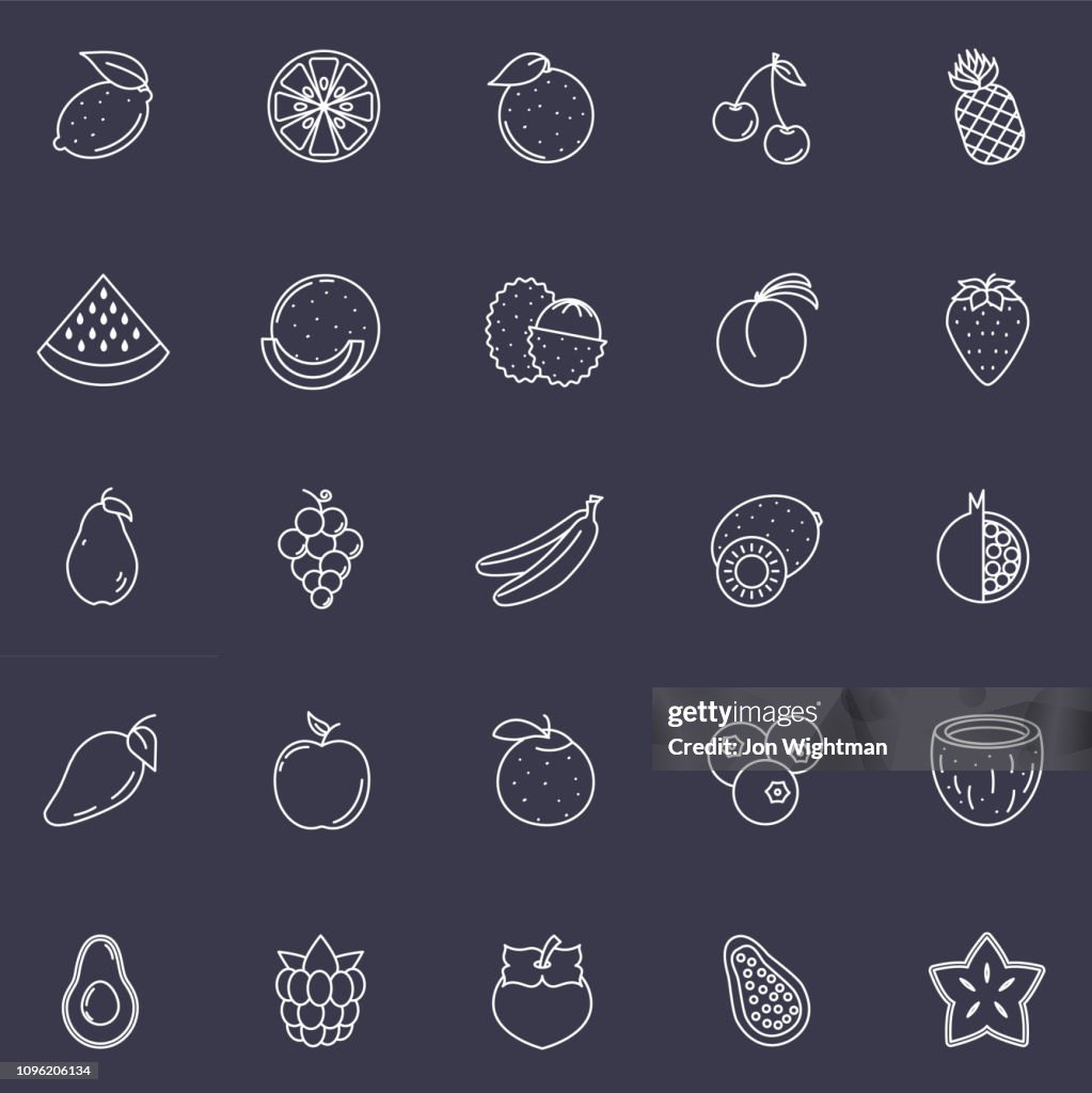 Conjunto de iconos de línea fina de frutas