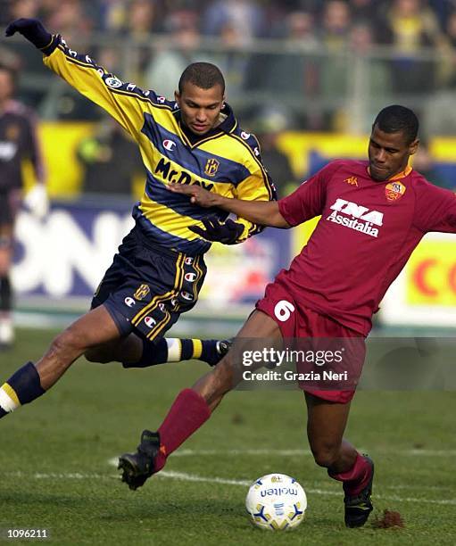 Marcio Amoroso of Parma and Aldair of Roma in action during the SERIE A 17th Round League match between Parma and Roma, played at the Ennio Tardini...