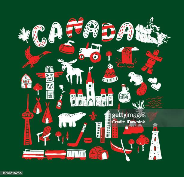 canada themed map design elements hand drawn - igloo stock illustrations