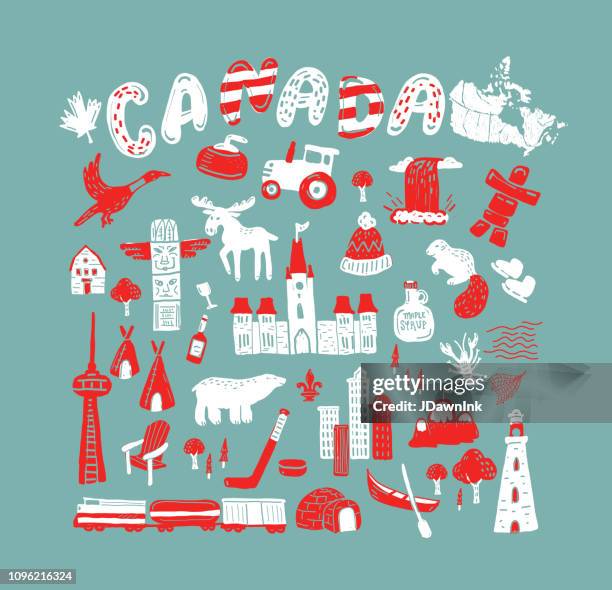 canada themed map design elements hand drawn - igloo stock illustrations