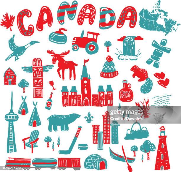 canada themed map design elements hand drawn - cn tower vector stock illustrations