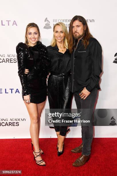 Miley Cyrus, Tish Cyrus and Billy Ray Cyrus attend MusiCares Person of the Year honoring Dolly Parton at Los Angeles Convention Center on February 8,...