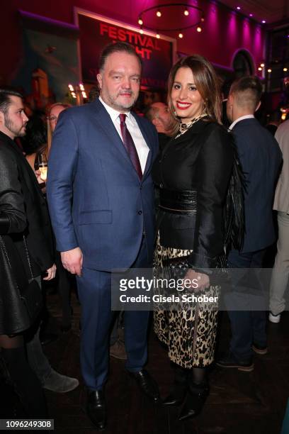 Alexander Fuerst zu Schaumburg-Lippe and his girlfriend Mahkameh Navabi during the BUNTE & BMW Festival Night at Restaurant Gendarmerie during the...