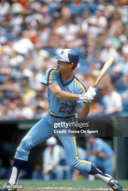 Bruce Bochte of the Seattle Mariners bats against the Baltimore Orioles during an Major League Baseball game circa 1982 at Memorial Stadium in...