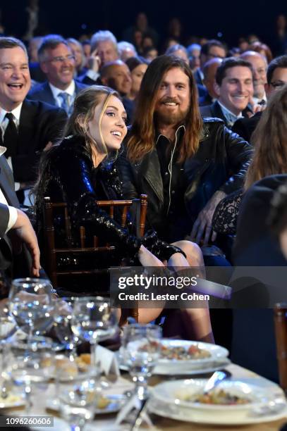 Miley Cyrus and Billy Ray Cyrus attend MusiCares Person of the Year honoring Dolly Parton at Los Angeles Convention Center on February 8, 2019 in Los...