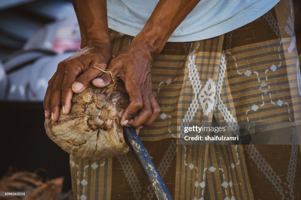 Open coconut in traditional way.