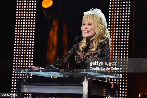 Dolly Parton accepts the MusiCares Person of the Year award onstage during MusiCares Person of the Year honoring Dolly Parton at Los Angeles...