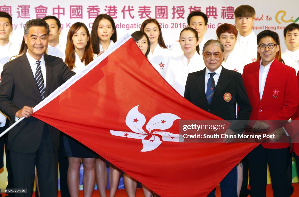 (L to R) Leung Chun-ying; Timothy Fok Tsun-ting; and Kenneth Fok Kai-kong, attend the Flag presentation to the Hong Kong Delegation for the Rio Olympics in Government House. 11JUL16 SCMP/K. Y. Cheng